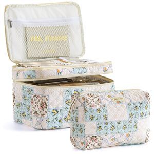 2pcs Travel Makeup Bag, Large Cotton Quilted Makeup Bag Cosmetic Bag Cute Make😜